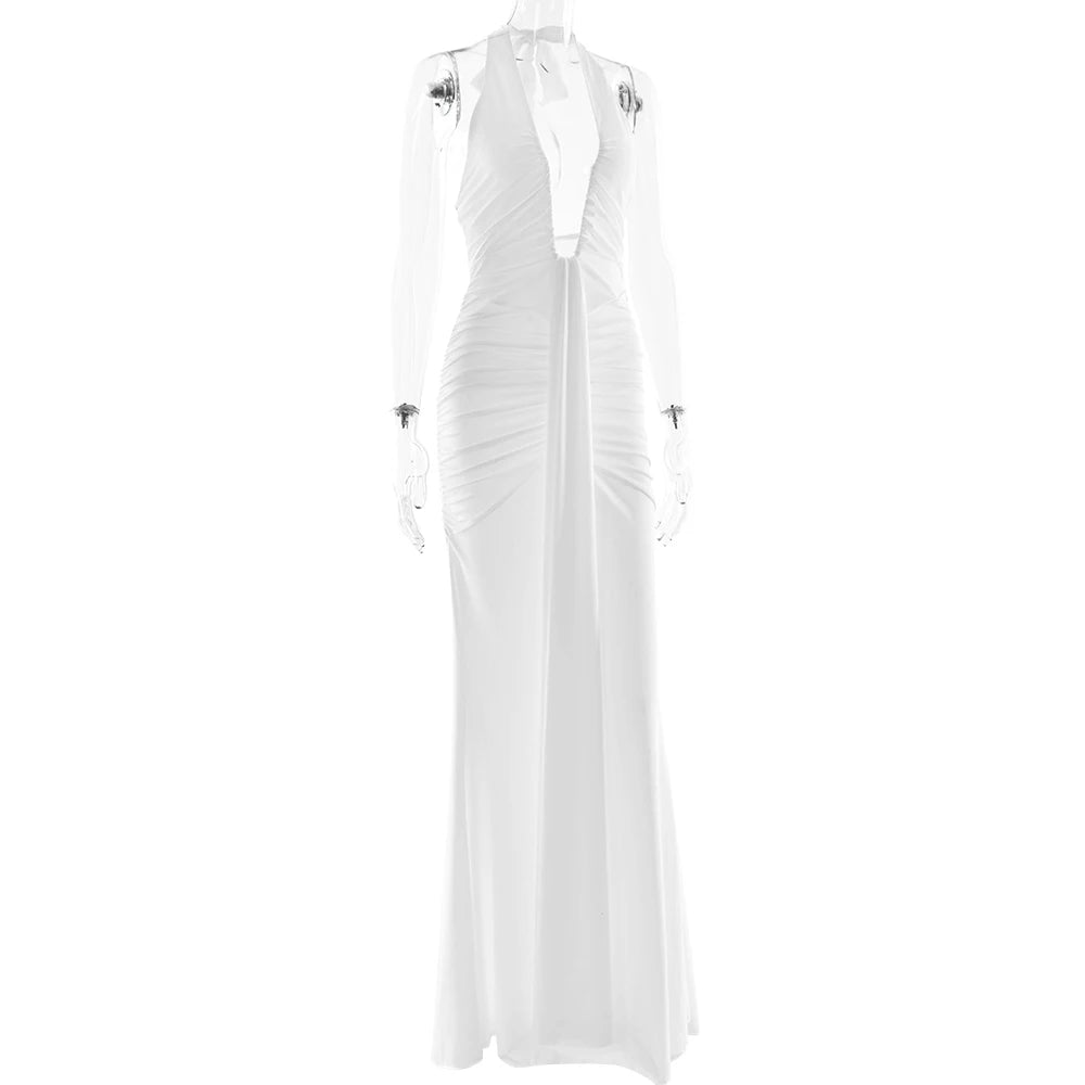 Fantoye Sexy Deep V-neck Pleated Ribbon Women Mermaid Dress White Backless Evening Dress Summer Slim Elegant Party Club Outfits