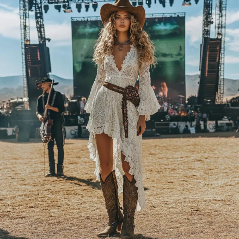 Coachella Music Festival Dress Women's Floral Leopard Polka Dot Lace Vintage Party Dress Rock Rave Ruffled Mini Dress