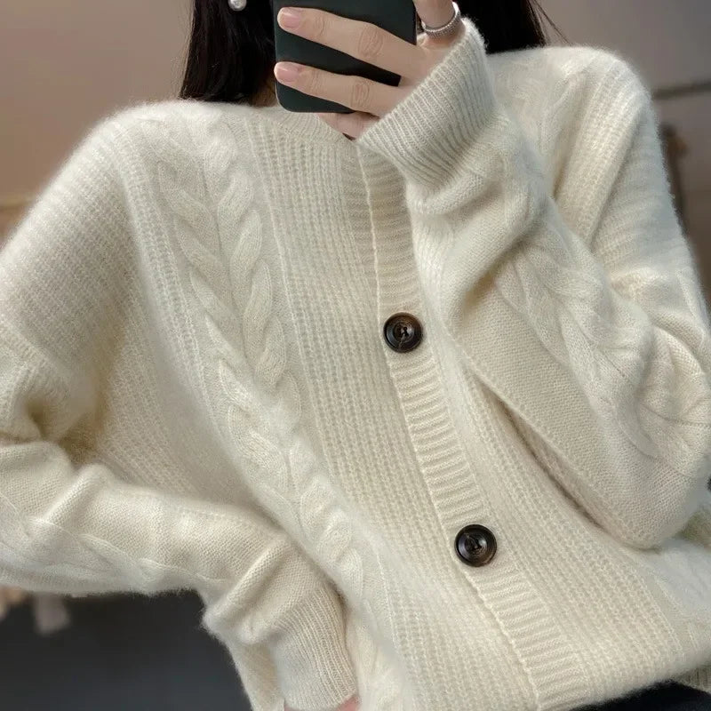 Spring New 100 Pure Cashmere Sweater Coat Women's Loose Vintage Sweater Short Style Thickened Wool Knitted Cardigan