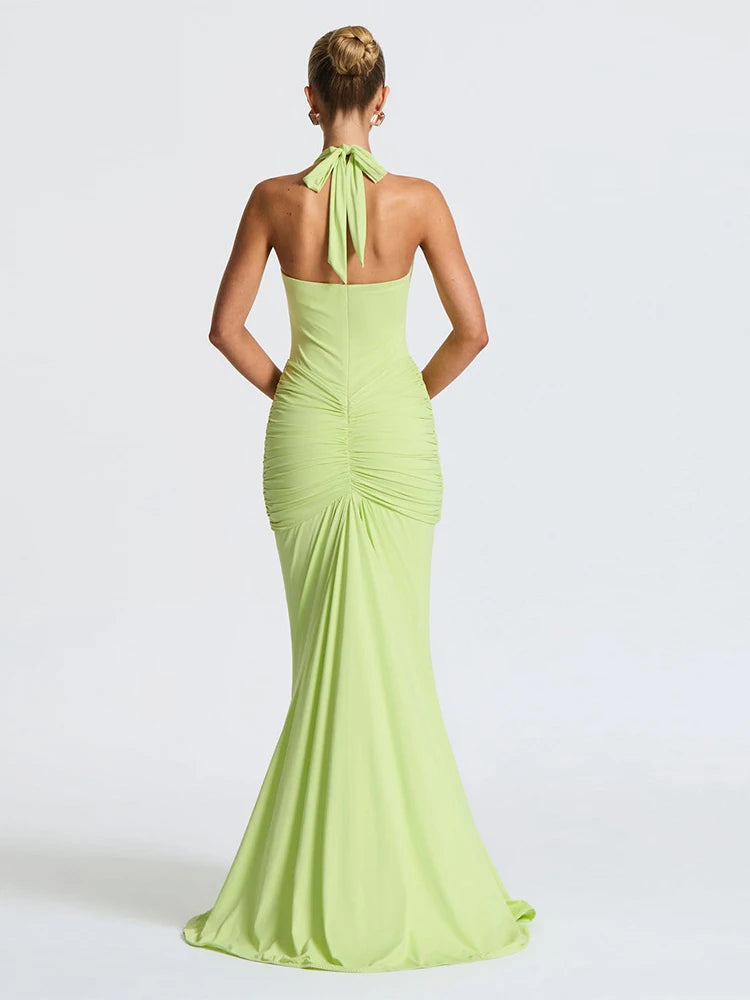 Fantoye Sexy Deep V-neck Pleated Ribbon Women Mermaid Dress White Backless Evening Dress Summer Slim Elegant Party Club Outfits