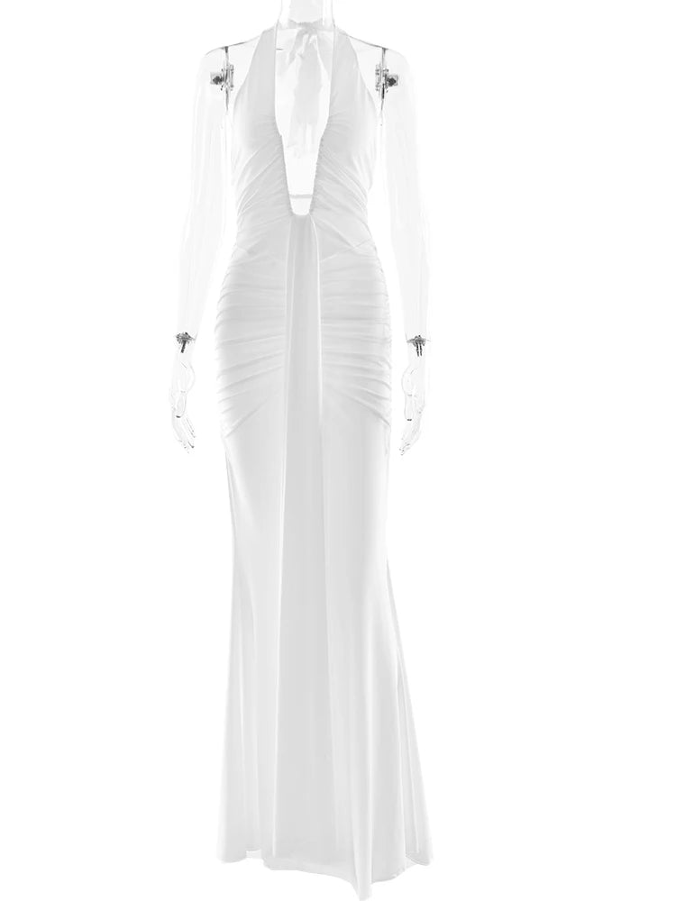 Fantoye Sexy Deep V-neck Pleated Ribbon Women Mermaid Dress White Backless Evening Dress Summer Slim Elegant Party Club Outfits