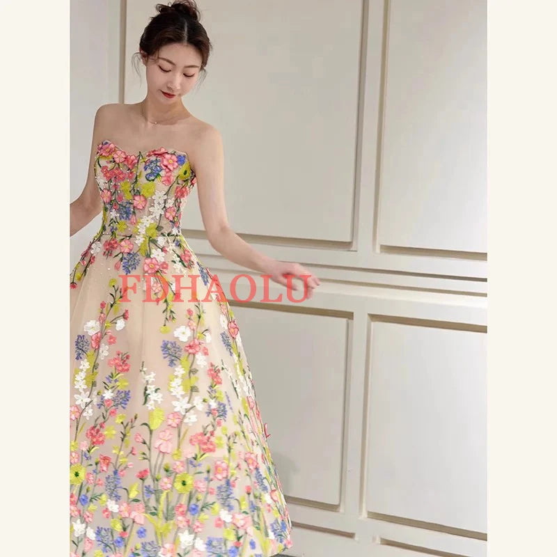 Sweet Fairy Flowers Evening Dresses Sexy Strapless Tea-length Prom Dress New Elegant A Line Robe Soiree Longue Customized
