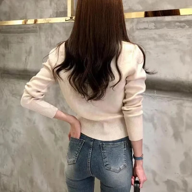 Korean Version Solid Color Long Sleeved Knitted Cardigan Sweet Slim Button Sweater Autumn and Winter Elegant Women's Tops 17375