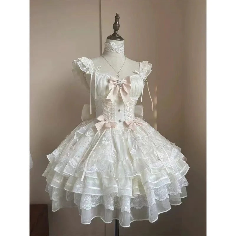 2025 Women Kawaii Ruffles Bow Suspender Princess Dresses Gothic Lolita Jsk Mini Dress Girl Sweet Fairy Party Trailing Dress