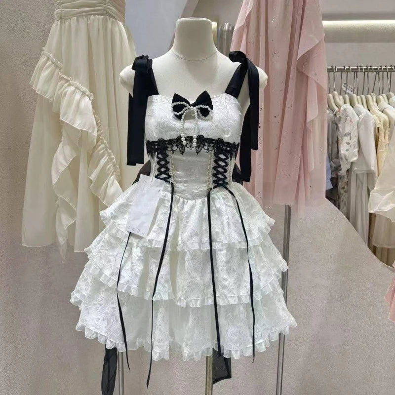 2025 Women Kawaii Ruffles Bow Suspender Princess Dresses Gothic Lolita Jsk Mini Dress Girl Sweet Fairy Party Trailing Dress