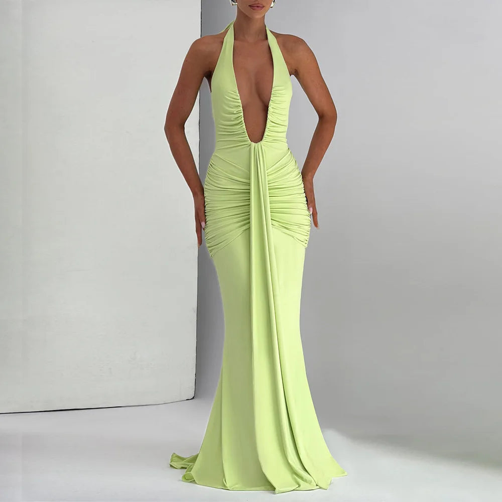 Fantoye Sexy Deep V-neck Pleated Ribbon Women Mermaid Dress White Backless Evening Dress Summer Slim Elegant Party Club Outfits