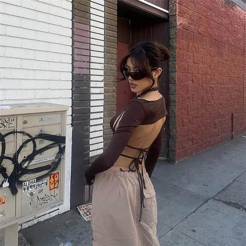Y2K Streetwear 2-Piece Set Long Sleeve Halter Neck Crop Top Irregular Backless Mini Dress Combo for Women Trendy Aesthetic