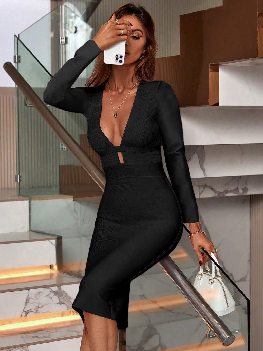 Women's Fashion Spring Summer Sexy Elegant Black Long Sleeve Midi Backless Bodycon Bandage Dress Party Cocktail Evening Dress