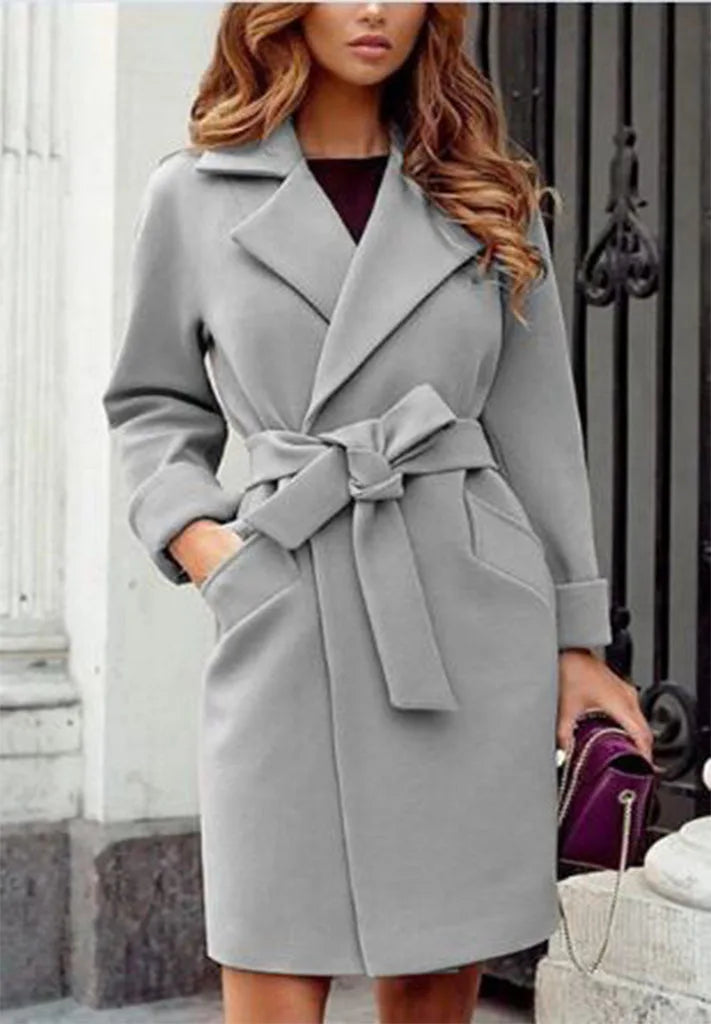 2023 Autumn and Winter Women's Fashionable Slim Fit Temperament Woolen Coat, Suit Collar Belt Slim Tie Long-sleeved Woolen Coat
