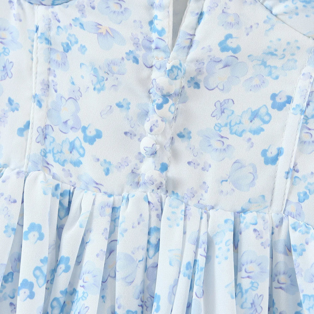 2022 Women Retro Slit V neck Corset Tie Bow Strap Dress Floral Print Chiffon Wood ears Ruffle Hem Cake Mini Party Dresses Robe