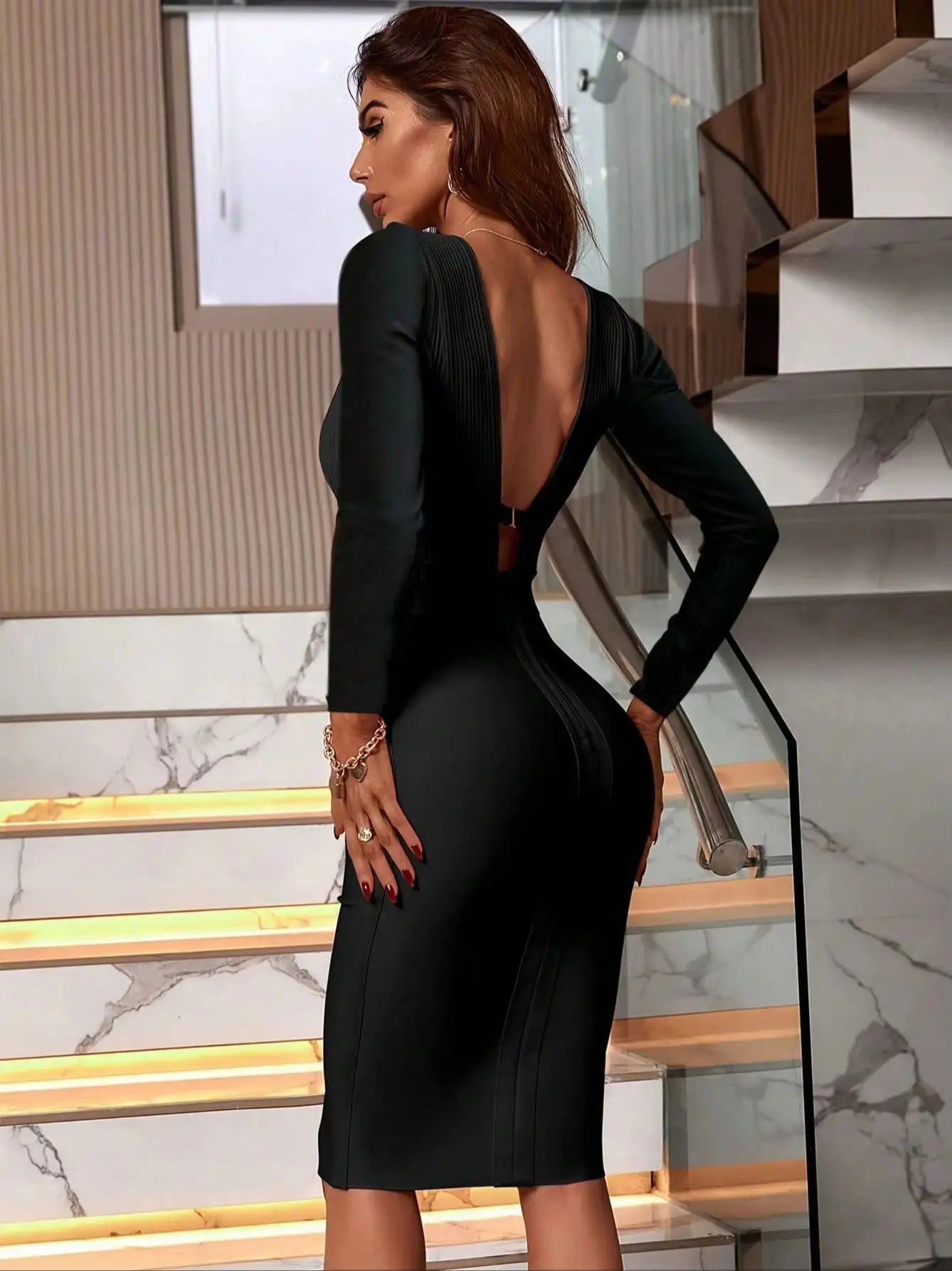 Women's Fashion Spring Summer Sexy Elegant Black Long Sleeve Midi Backless Bodycon Bandage Dress Party Cocktail Evening Dress