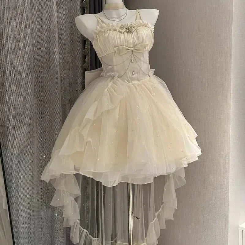 2025 Women Kawaii Ruffles Bow Suspender Princess Dresses Gothic Lolita Jsk Mini Dress Girl Sweet Fairy Party Trailing Dress