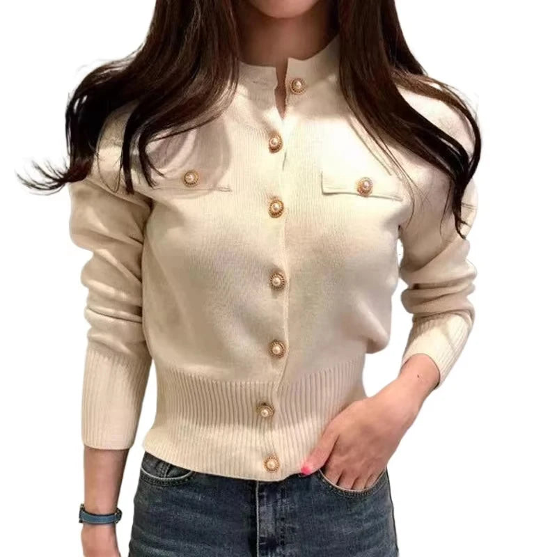 Korean Version Solid Color Long Sleeved Knitted Cardigan Sweet Slim Button Sweater Autumn and Winter Elegant Women's Tops 17375