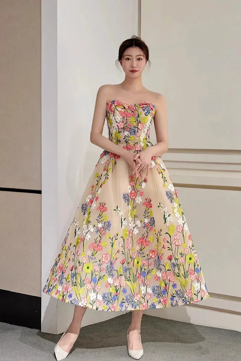 Sweet Fairy Flowers Evening Dresses Sexy Strapless Tea-length Prom Dress New Elegant A Line Robe Soiree Longue Customized