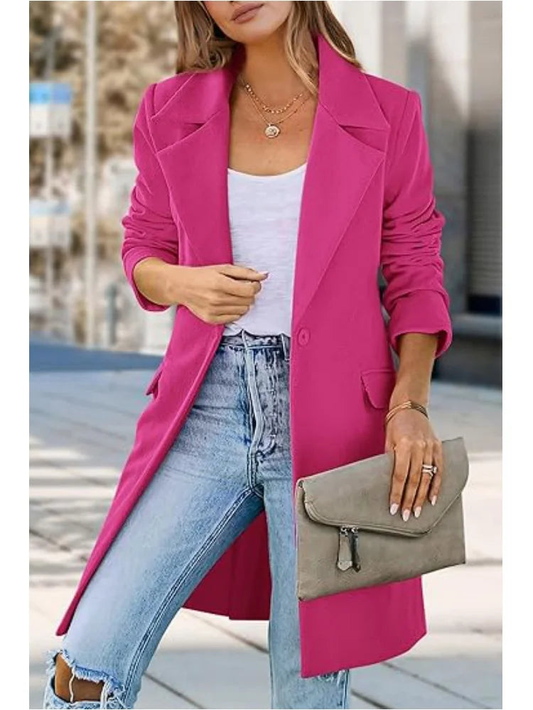 Woolen Ladies Jackets Lapel Trench Coat Autumn One Button Street Coats Fashion Women's Clothing