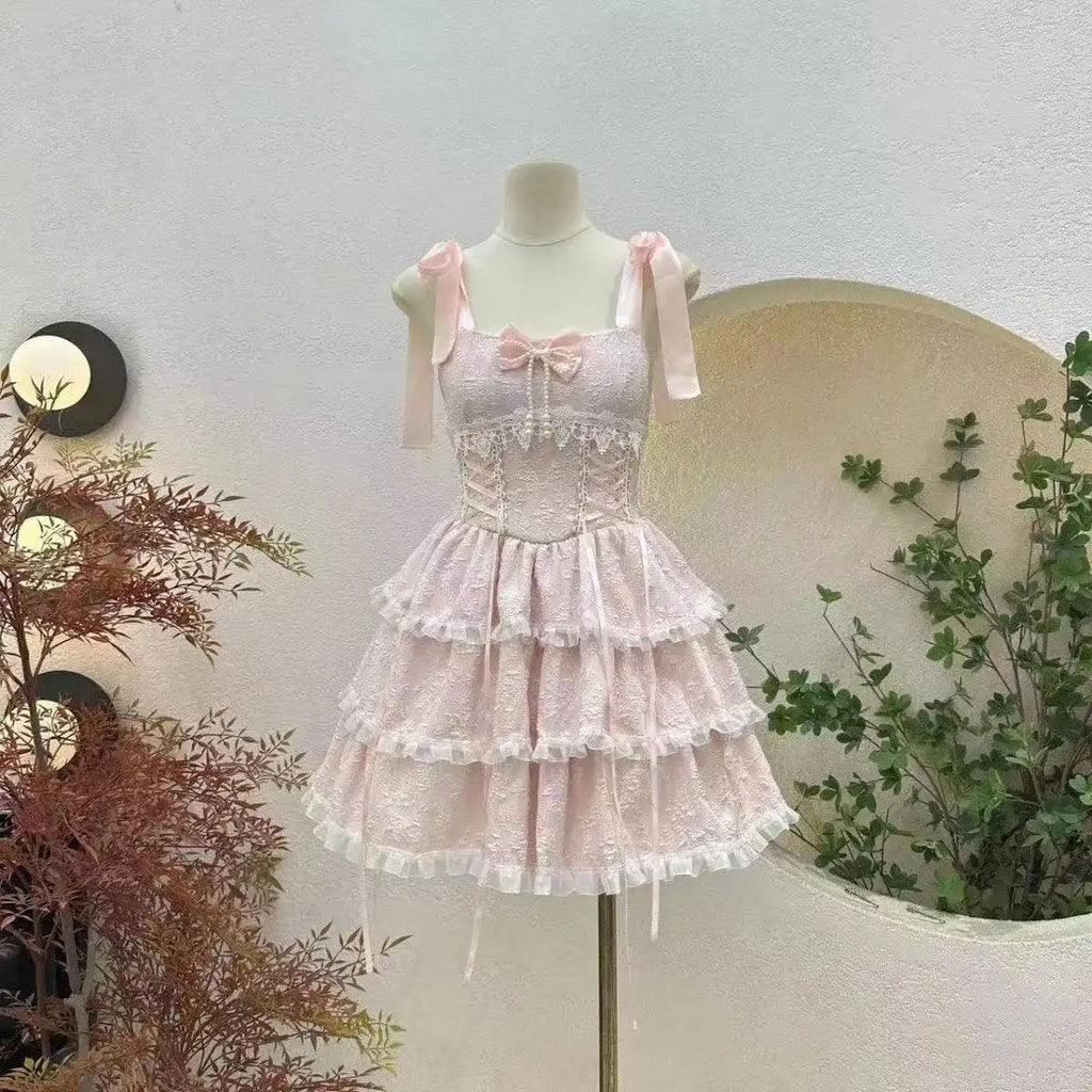 2025 Women Kawaii Ruffles Bow Suspender Princess Dresses Gothic Lolita Jsk Mini Dress Girl Sweet Fairy Party Trailing Dress